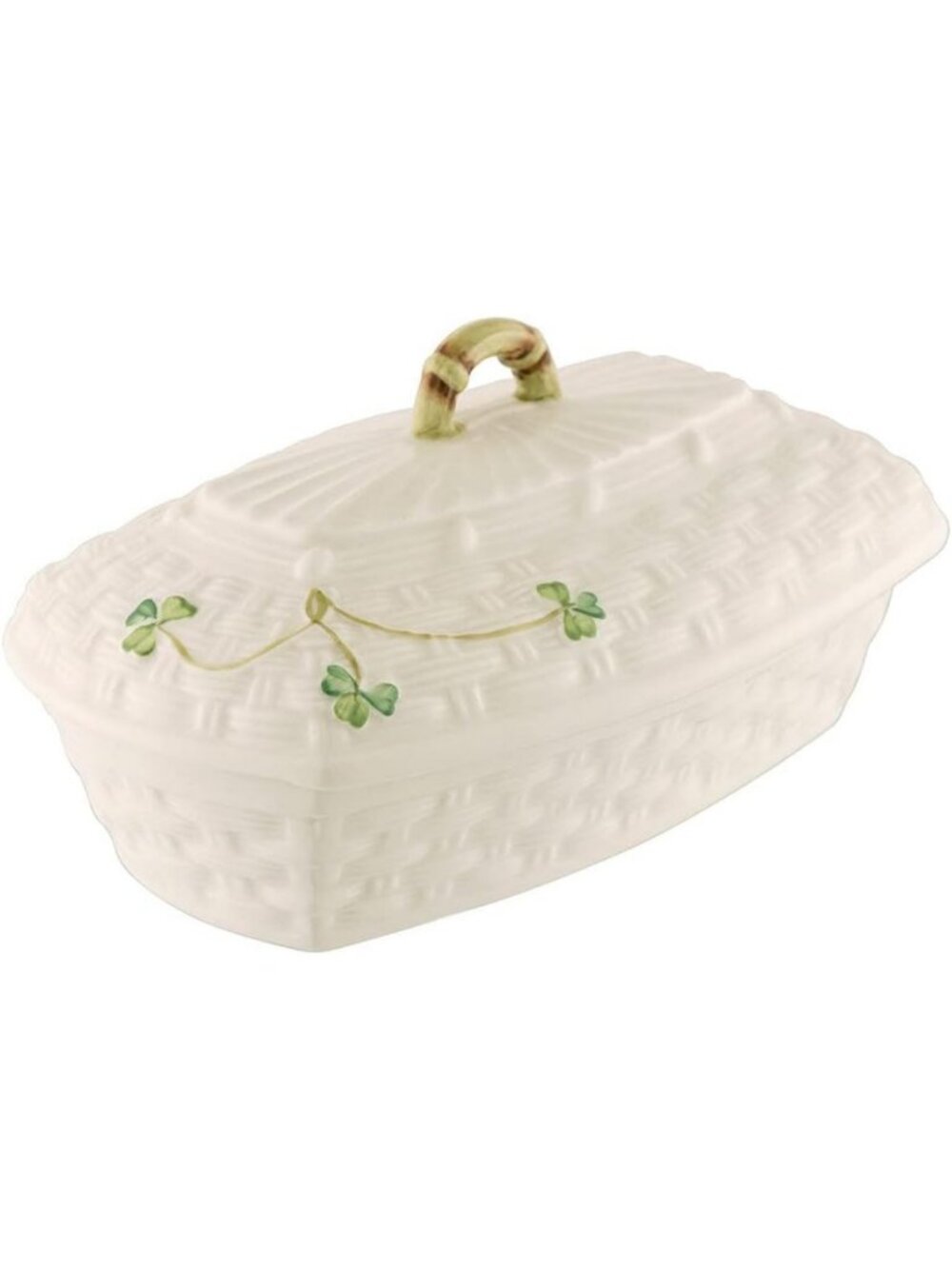 Handcrafted Irish Porcelain Butter Dish, Painted Shamrock Design, Covered Keeper